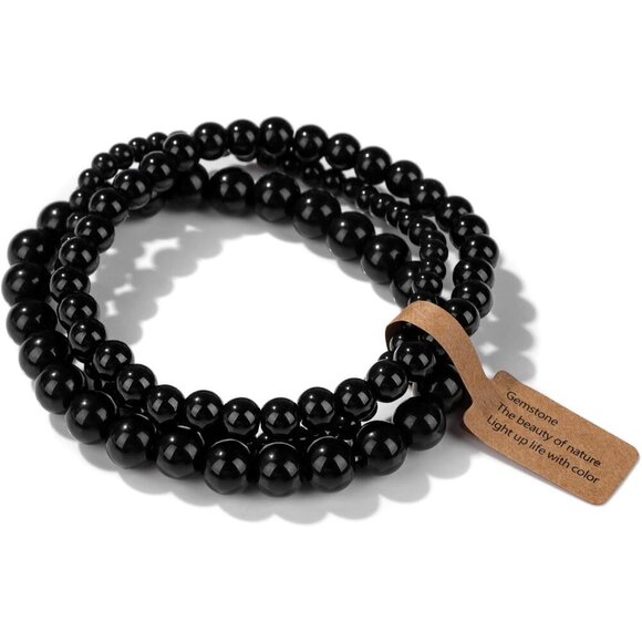 3PCS Black Onyx Healing Crystal Natural Stone Beaded Stretch Bracelet for Women - Picture 1 of 6